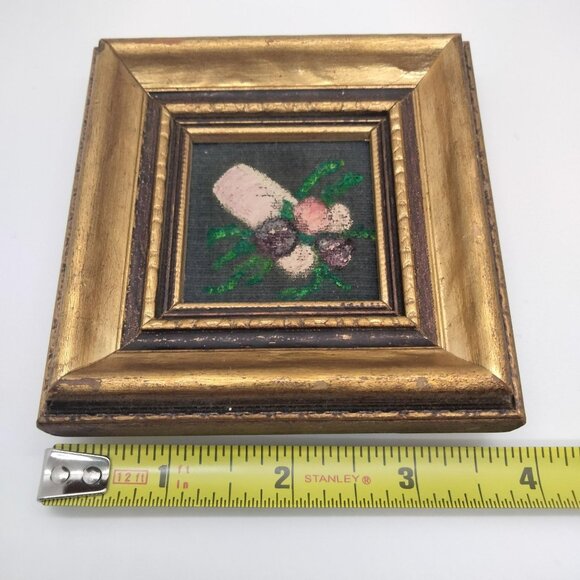 Vintage Miniature Original Floral Painting on Fabric Framed Art 3.5" x 3.5" - Picture 9 of 9